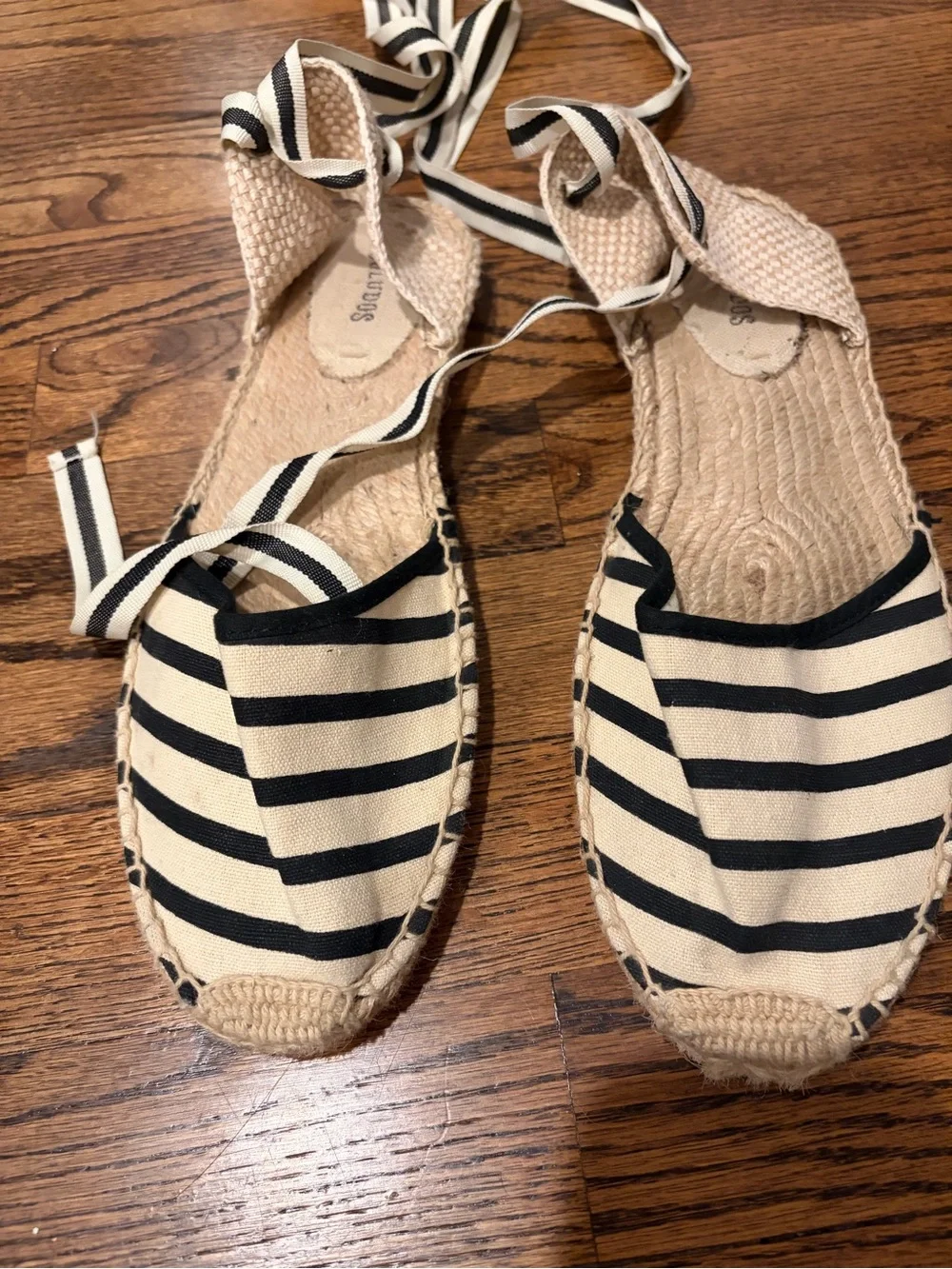Soludos Striped Canvas Espadrille Lace-Up Flats - Black & Cream